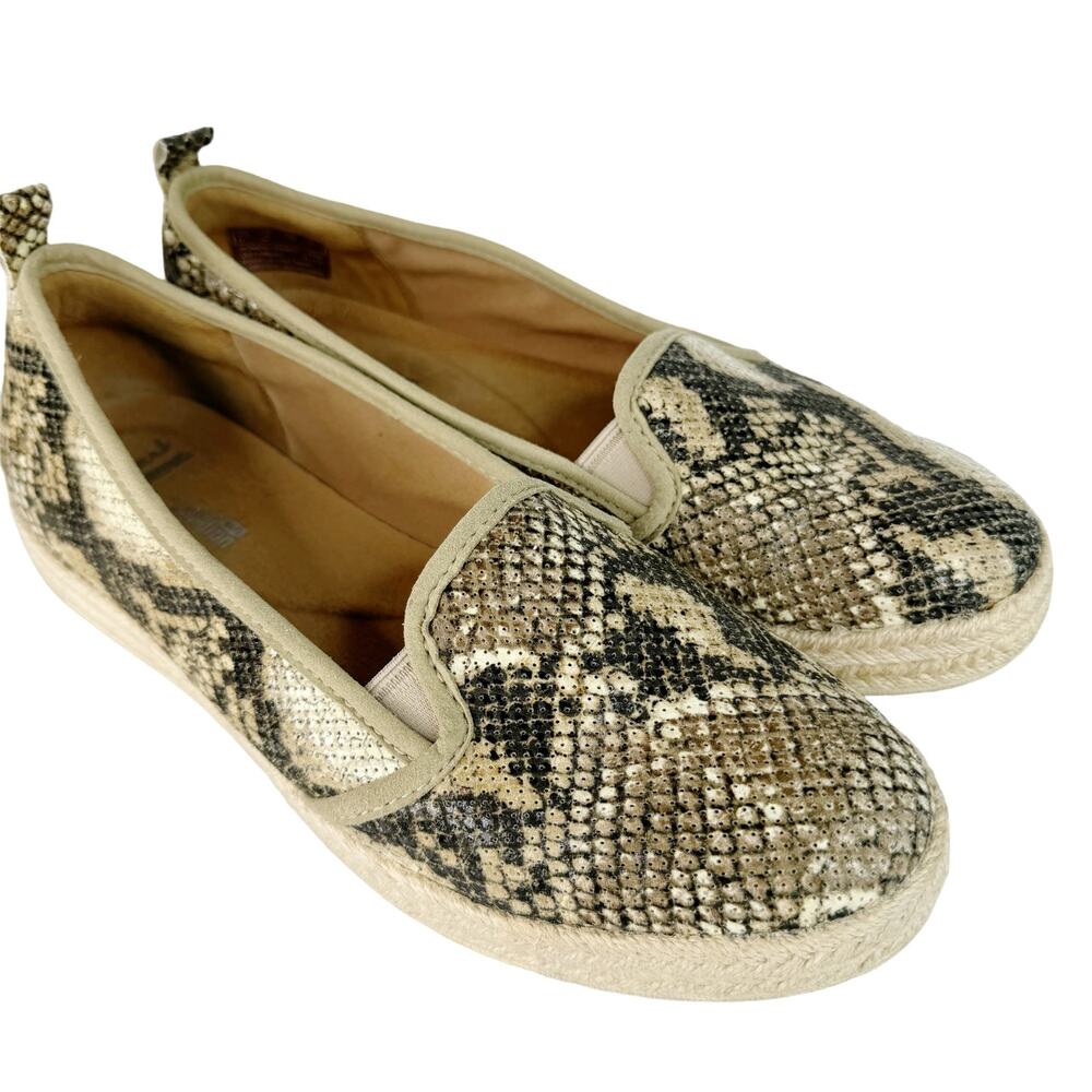 Clarks Azella Theoni Leather Slip-On Snakeskin Animal Print Flats Brown Tan 9